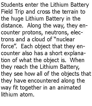 Text Box: Students enter the Lithium Battery Field Trip and cross the terrain to the huge Lithium Battery in the distance.  Along the way, they encounter protons, neutrons, electrons and a cloud of “nuclear force”.  Each object that they encounter also has a short explanation of what the object is.  When they reach the Lithium Battery, they see how all of the objects that they have encountered along the way fit together in an animated lithium atom.